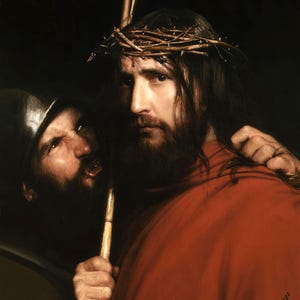 Carl Bloch: Cristo con soldato beffardo (1880) Stampa artistica da parete giclée su tela, incorniciata o avvolta in una cornice, rimasterizzata digitalmente (D6050)
