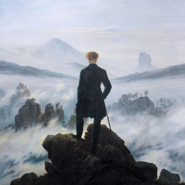 Caspar David Friedrich: Viandante sopra il mare di nebbia (1818) Galleria su tela Stampa artistica su parete avvolta o incorniciata (D6045)