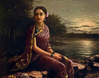Raja Ravi Varma : Radha in the Moonlight (1890) Canvas Gallery Wrapped or Framed Giclee Wall Art Print Digitally Remastered (D6045)