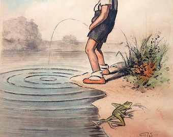 Georges Redon: Niño orinando en el lago. No bebas agua (1925). Impresión giclée sobre lienzo, enmarcada o envuelta en galería (D6050).