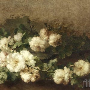 Marguerite Roosenboom: Natura morta con chitarra e rose (XIX secolo) Stampa artistica da parete Giclée su tela con cornice o avvolta in una galleria (D3060)