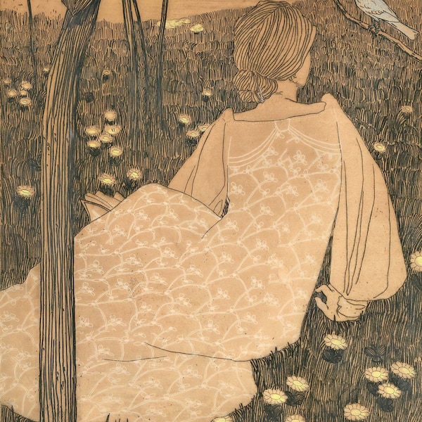 Vojtech Preissig : Blue Nightingale (1903) Impression giclée d'art murale sur toile tendue ou encadrée (D6045)