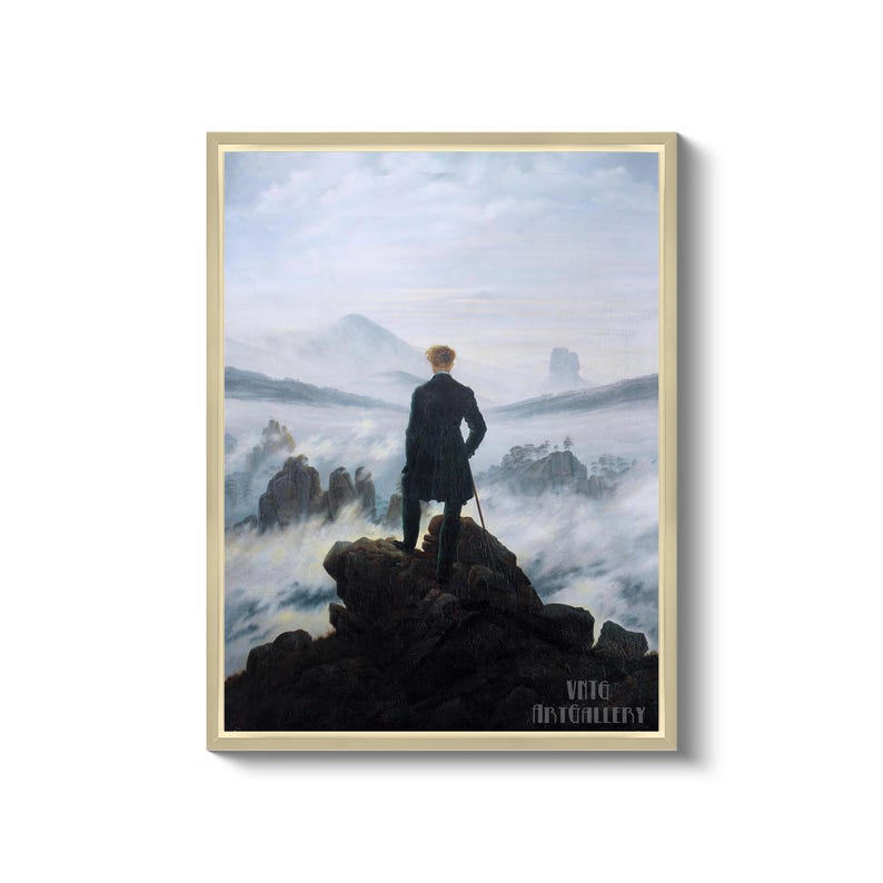 Caspar David Friedrich : Wanderer above the Sea of Fog (1818) Canvas Gallery Wrapped or Framed Giclee Wall Art Print (D6045) Natural Floating Frame Canvas