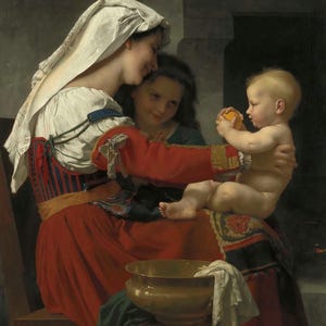 William Adolphe Bouguereau: Ammirazione Maternelle, Le Bain (1869) Galleria su tela Stampa artistica su parete avvolta o incorniciata (D6045)