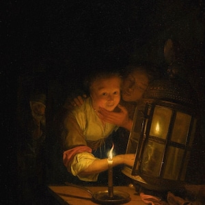 Godfried Schalcken: Kochankowie w świetle latarni (1670) – wydruk ścienny giclee w oprawie lub na płótnie, zremasterowany cyfrowo (D6050)