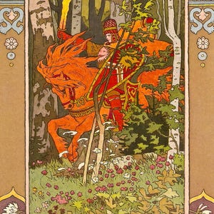 Ilustración de Iván Bilibin: Jinete Rojo para el cuento de hadas Vasilisa la Bella (1899). Impresión giclée en lienzo (D6040).