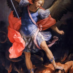 Guido Reni : Erzengel Michael Defeating Satan (1635) Canvas Gallery Wrapped or Framed Giclee Wall Art Print Digitally Remastered (D6040)