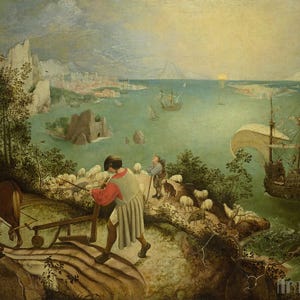 Pieter Bruegel il Vecchio: Paesaggio con la caduta di Icaro (1558) Stampa artistica da parete su tela incorniciata o avvolta (D4060)