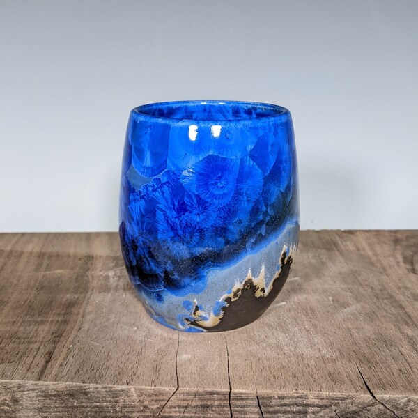 Ceramic Stemless Wine Glass, Crystalline Glazed, Hand Thrown