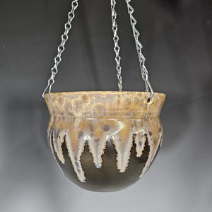 May include: A brown and gold ceramic hanging planter with a drip glaze design. The planter is suspended from a silver chain.