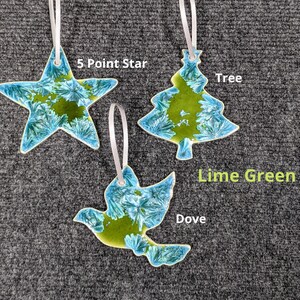 Ceramic Christmas Ornament, Snowflake Ornament, Star Ornament, Cross Ornament, Dove, Holiday Ornament, Handmade Ornament Lime Green