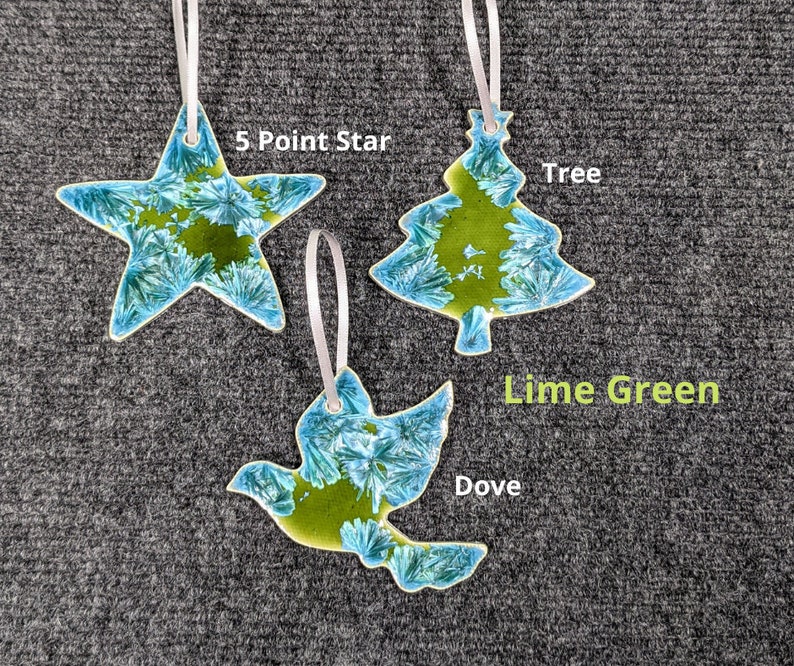 Ceramic Christmas Ornament, Snowflake Ornament, Star Ornament, Cross Ornament, Dove, Holiday Ornament, Handmade Ornament Lime Green