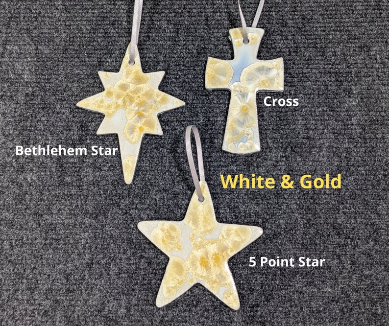 Ceramic Christmas Ornament, Snowflake Ornament, Star Ornament, Cross Ornament, Dove, Holiday Ornament, Handmade Ornament White & Gold