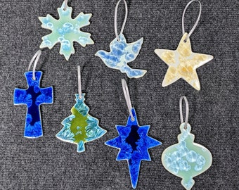 Ceramic Christmas Ornament, Snowflake Ornament, Star Ornament, Cross Ornament, Dove, Holiday Ornament, Handmade Ornament