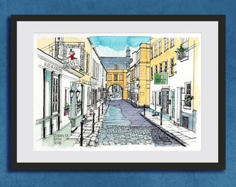 QUEEN STREET | Bath, England | A4 COLOUR Print | Taken from Original Ink & Watercolour Illustration | by Sheeran Studios