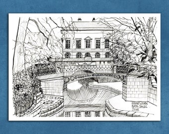 CLEVELAND HOUSE | Kennet and Avon Canal | Bath, England | A4  B/W PRINT taken from Original Ink Pen Illustration | by Sheeran Studios