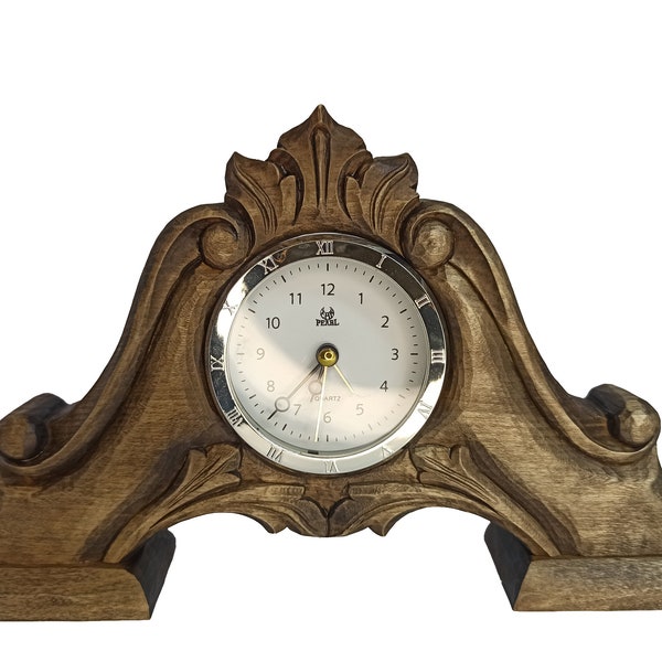 Carved fireplace clock, Minimalist Clock Wood, Geometric Clock, Desk Clock Unique,  Wooden decorative table clock in vintage style