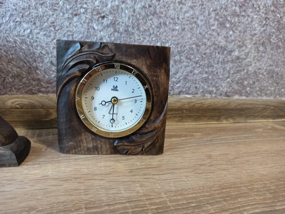 Handmade Carved Wooden Table Clock, Office Desk Decor