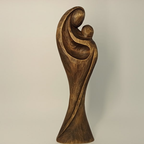 Mère avec bébé 8,5 ", décor d'art mural, sculpture sur bois, décor moderne, figurine de famille, sculpture en bois, art de la sculpture, cadeaux personnalisés