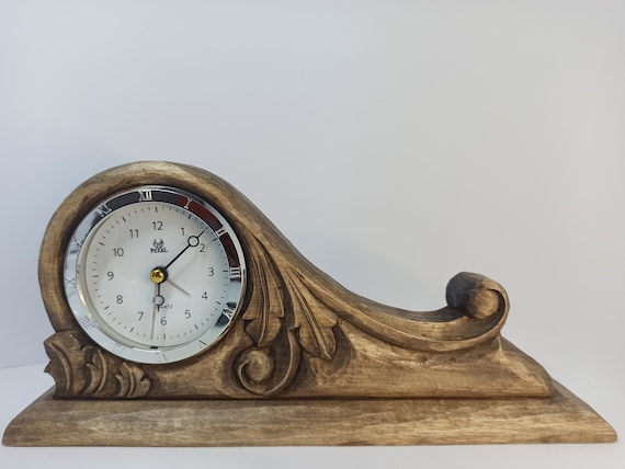 Hand Carved Wooden Table Clock, Geometric Desk Decor