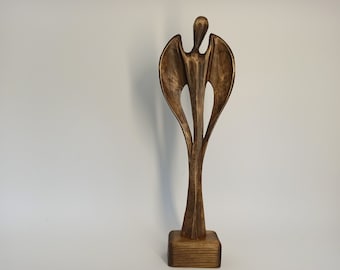 Hand Carved Wooden Angel Sculpture, Figurine Decor (8.5")