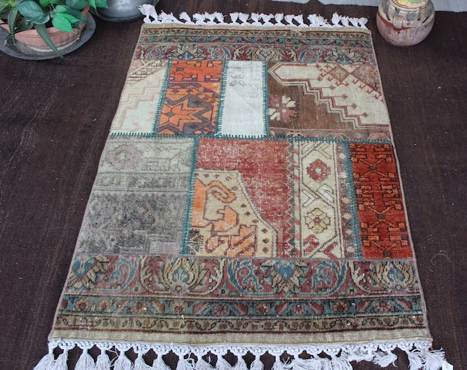 Vintage Patchwork Rug, Small Patchwork Rug, Ethnic Patchwork Rug / B-1816 / 2'7''x3'9''