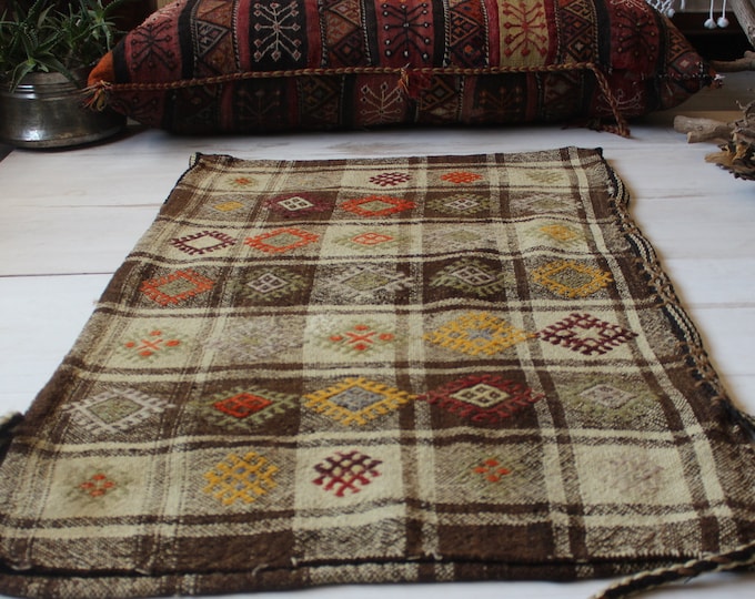 2'3"x3'8" ft   Vintage Kilim Chuval, Bohemian Ethnic Kilim Sack,Tribal Nomadic Handwoven Wool Kilim Storage Bag