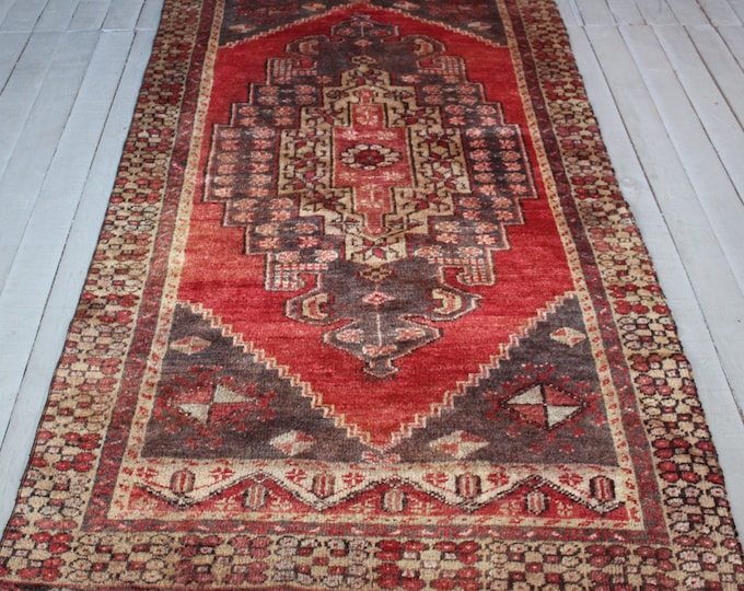 3'6"x7'6" Vintage Anatolian Area Rug, Ethnic Bohemian Red Area Rug Turkish Oushak Carpet, Handwoven Wool Area Rug