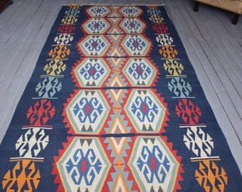 4'7"x9'7" ft Vintage Blue Kilim Runner, Bohemian Ethnic Turkish Blue Wide Kilim Runner Rug