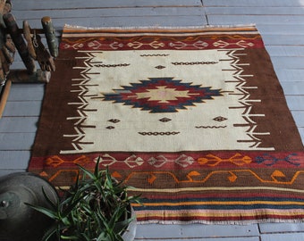 3'6"x3'8" ft  Vintage Aztec Design Kilim Rug, Bohemian Beige-Terra Cotta Kilim Rug, Ethnic Kilim Rug, Turkish Anatolian Kilim Rug
