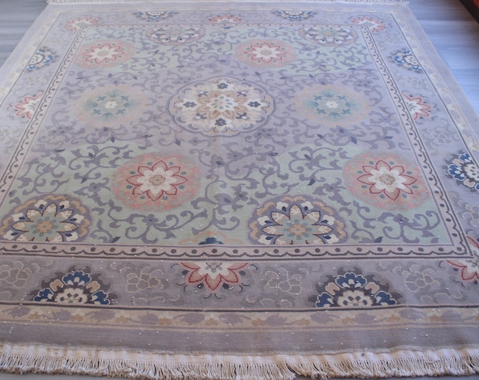 7'8" x 8' ft  Vintage Rug,  Square Rug, Lavender Color Rug, Floral Modern Rug, Scandinavian Style Rug,