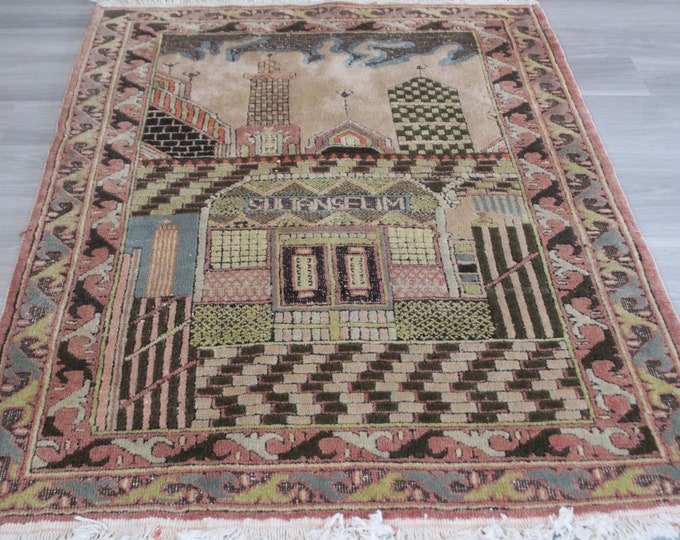 3'8"x5'7" ft   Vintage  Rug with House Motives, Ethnic Anatolian Rug, Bohemian Rug, Special Turkish Rug, Decorative Rug