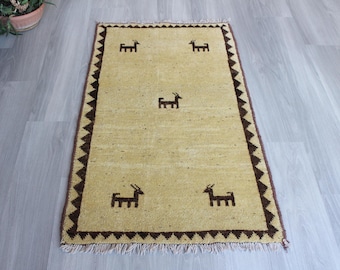 Natural Wool Rug, Bohemian Wool Rug, Ethnic Handwoven Rug / B-1868 / 2'5''x4'3''.
