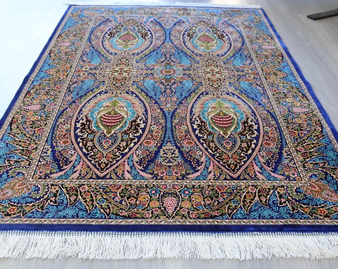 Blue Silk Rug, 3'3''x5' Silk Medallion Rug , Handwoven Silk Turkish Rug / B-1914