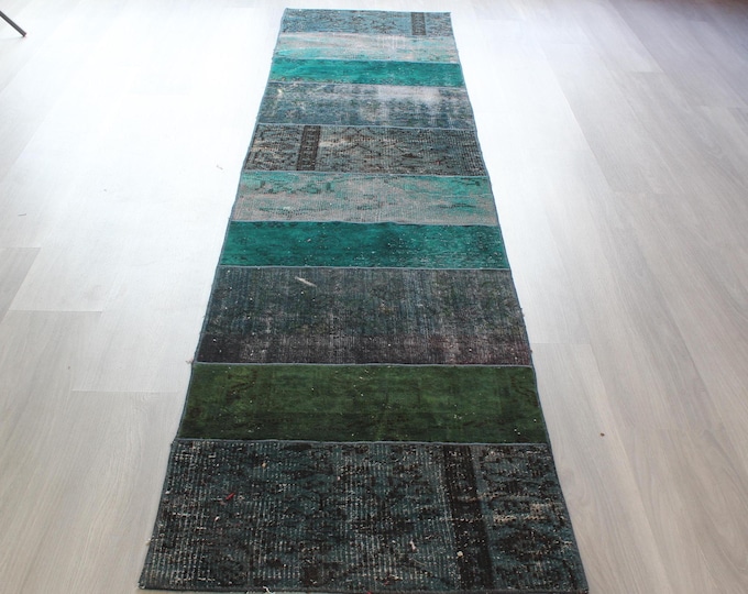Teal Green Rug Runner, Patchwork Rug Runner, Bohemian Rug Runner / B-1849 / 2'1''x9'3''