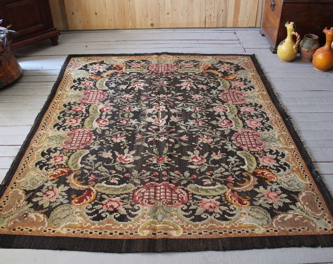 5'0"x6'1" feet   Vintage Karabagh Kilim Rug, Ethnic Bohemian  Handwoven Floral Kilim