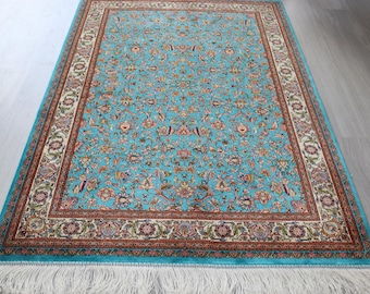Silk Rug, 3'3''x4'9'' , Blue Floral Silk Rug, Handwoven Silk Carpet / B-1909
