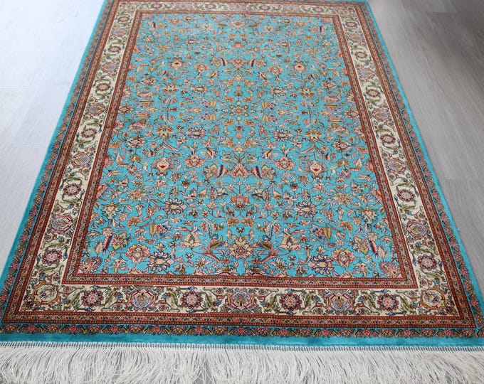 Silk Rug, 3'3''x4'9'' , Blue Floral Silk Rug, Handwoven Silk Carpet / B-1909-1937