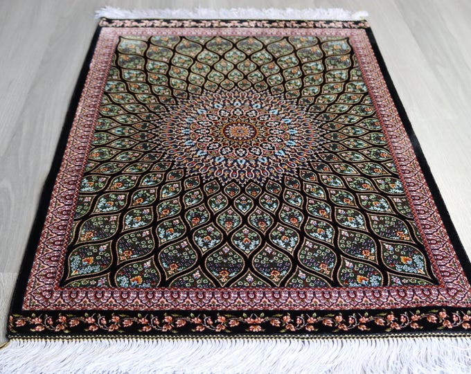 2'x3' Green Silk Rug, Small Green Rug, Small Green Silk Rug / B-2000
