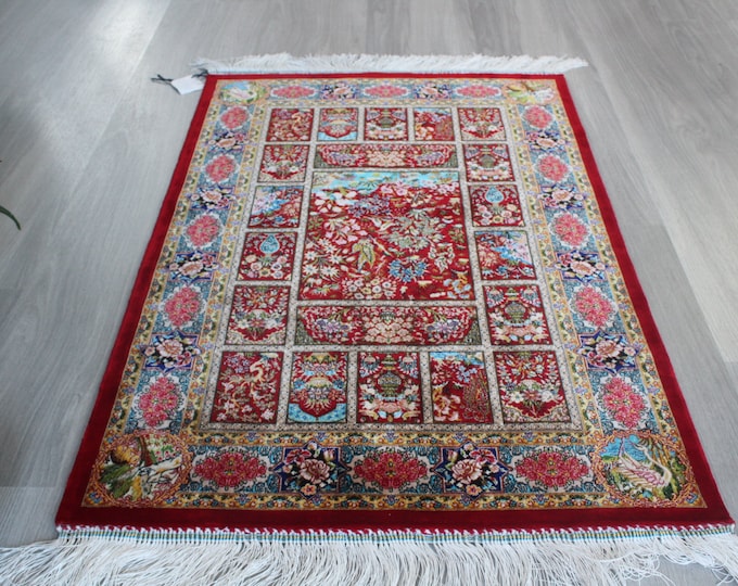 2'x3' Oriental Silk Rug, Small Silk Rug, Silk Rug Tapestry , Red Silk Rug / B-1781 / 60x92 cm