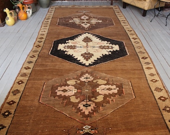 Vintage KARS-tapijt, vintage natuurlijk wollen tapijt, Turks opgestapeld tapijt, bruin natuurlijk gekleurd tapijt, 5'1" x 11'1" voet