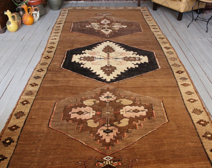 Vintage KARS Rug,  Vintage Natural Wool Rug, Turkish Piled Carpet, Brown Natural Coloured Rug, 5'1"x11'1" feet