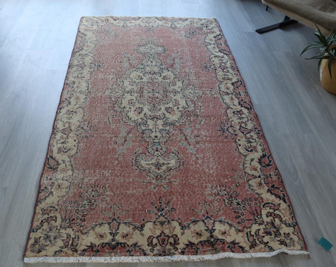 Pale Medallion Rug 3'7"x6'7" ft  Vintage Oushak Rug, Low Piled Anatolian Rug / B-769