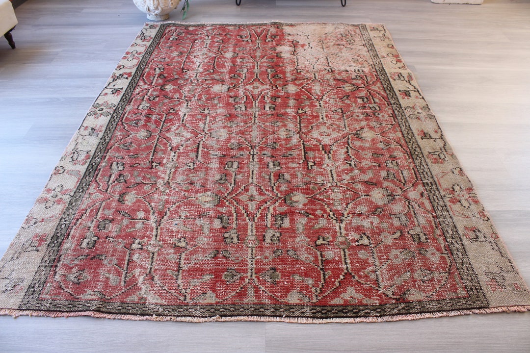 Vintage Red Rug, Distressed Area Rug, Vintage Turkish Rug, Low Piled