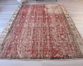 Vintage Red Rug, Distressed Area Rug, Vintage Turkish Rug, Low Piled Area Rug / B-1252 / 5'5"x7' feet