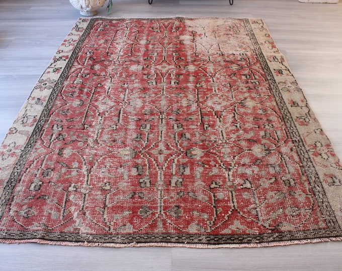 Vintage Red Rug, Distressed Area Rug, Vintage Turkish Rug, Low Piled Area Rug / B-1252 / 5'5"x7' feet