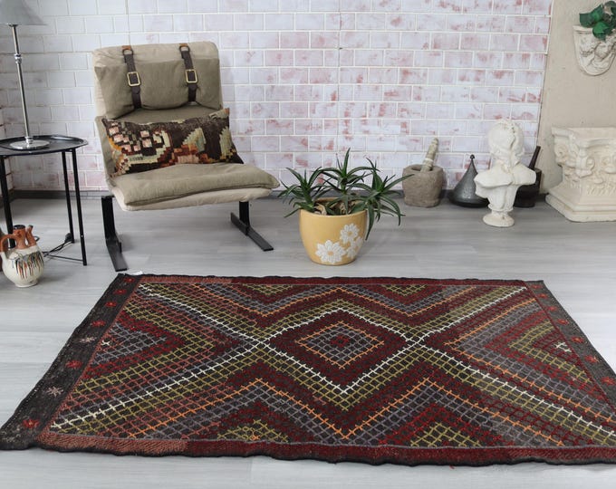 Vintage Turkish Kilim, Handwoven Jijim Kilim, Ethnic Bohemian Wool Kilim Rug 3'7"x5'7"