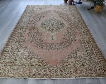 Vintage Pale Pink Medallion Rug ,6'x10'2"  Vintage Turkish Oushak Rug / B-492