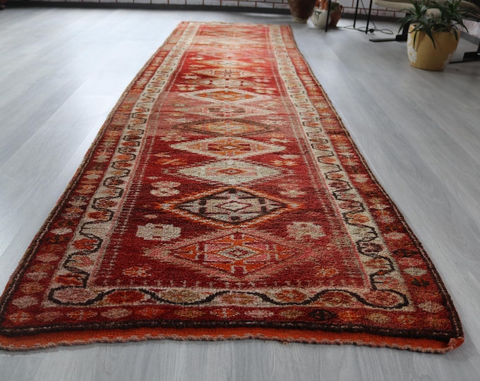 3'x11' Mute Red Geometric Design Runner , Handwoven Wool Runner Rug / B-113 /