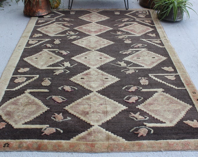 5'4"x8'5" ft Vintage Rug, Brown-Beige Oushak Rug, Vintage Turkish Rug, Anatolian Rug, Vintage Area Rug, Bohemian Rug, Ethnic Rug